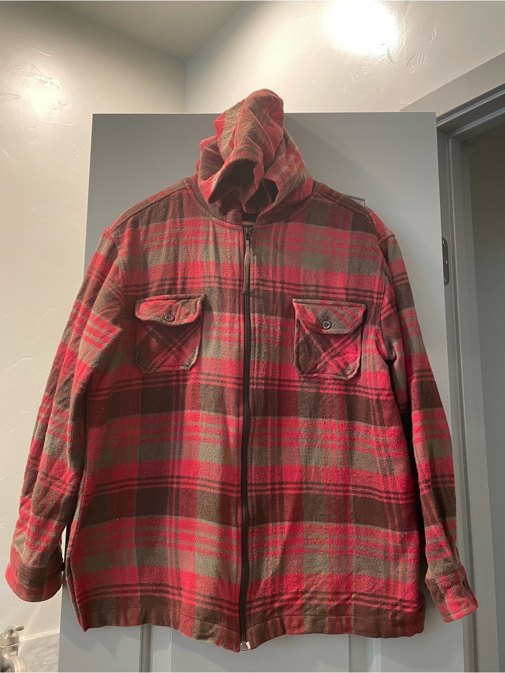 Denim&Co Red and Brown Hooded Plaid Zip Shirt Jacket